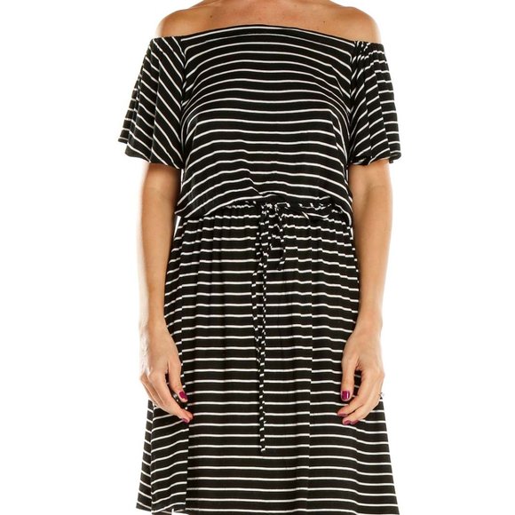 LOFT Black Striped Off Shoulder Tie Dress XS - Picture 1 of 4